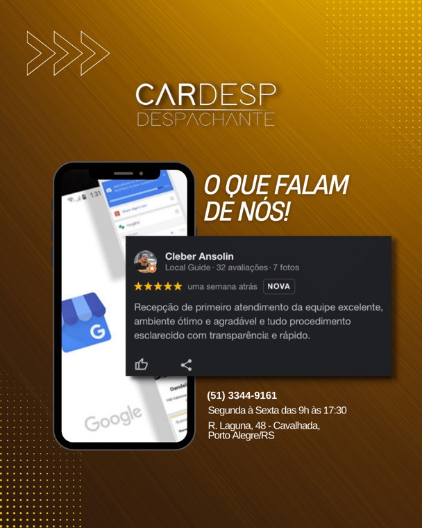 Avaliação de cliente recomendando a CARDESP pela confiança e facilidade na transferência veicular